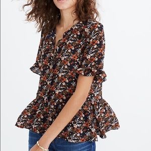Madewell Floral 100% Silk Studio Ruffle-Hem Top